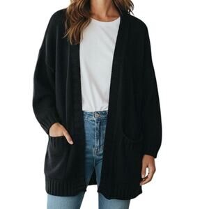 Eileen Fisher Black Oversized Open Cardigan Sweater Size XS Organic Linen Cotton